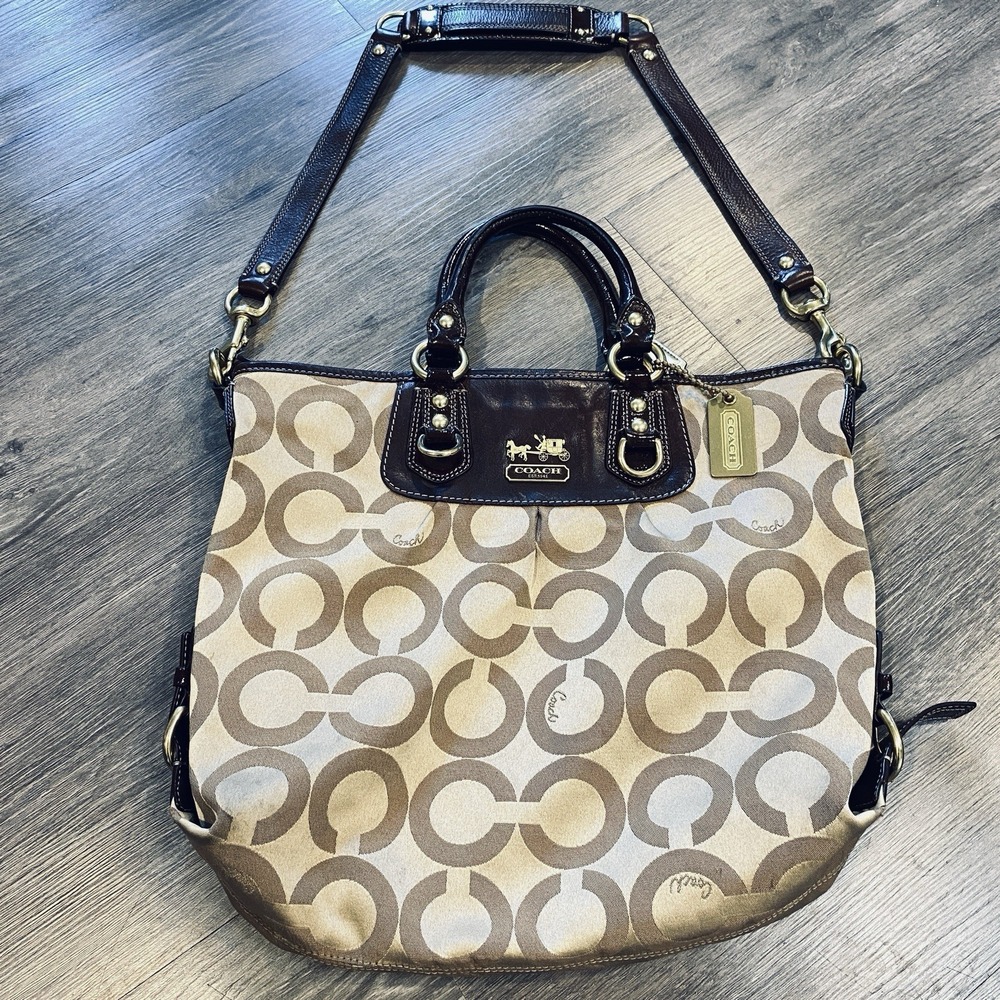 Y2K Coach Signature C Op Art Tote Shoulder Bag Brown Tan Canvas Leather Purse‎